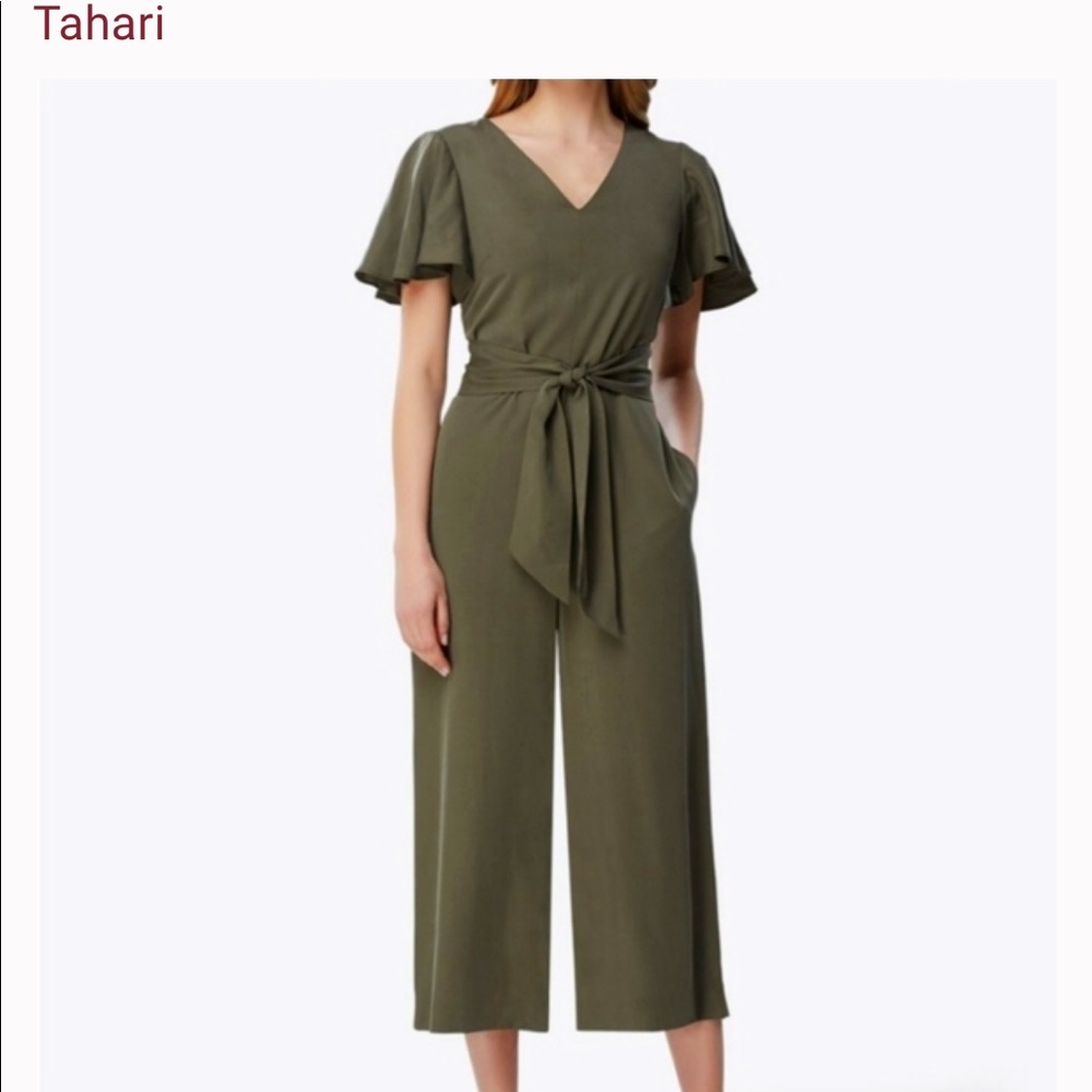Tahari jumpsuit, olive green, flutter sleeve, wide leg